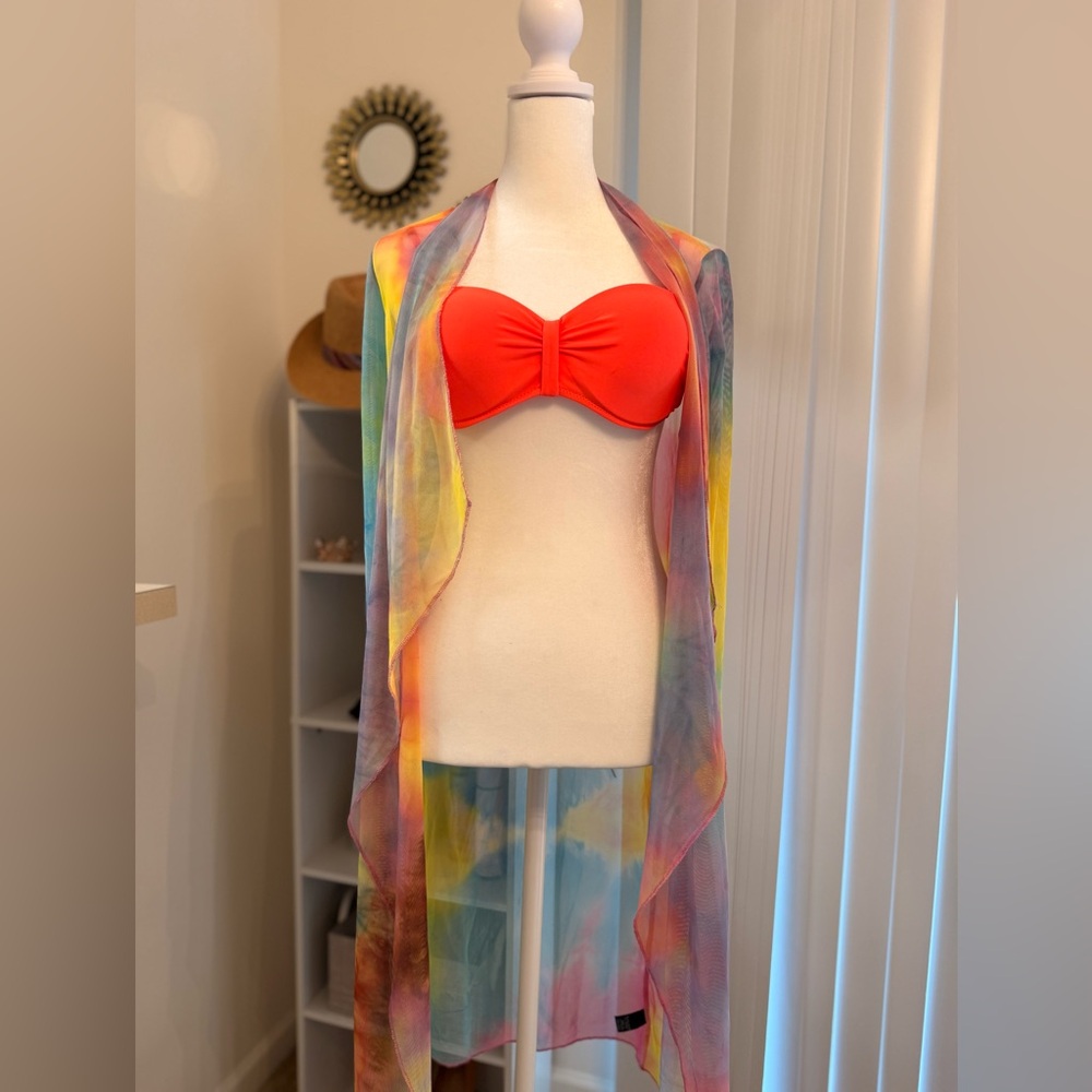 Vibrant Red Bikini Top with Multicolor Cover-Up